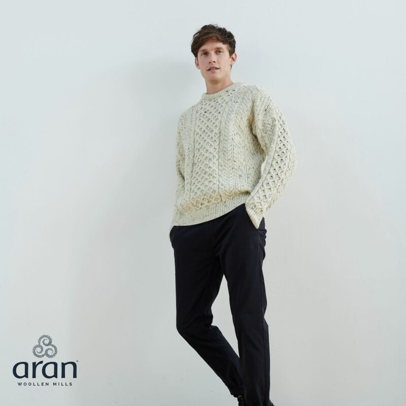 100% Natural Wool Crew Neck Traditional Aran Sweater Fleck Colour
